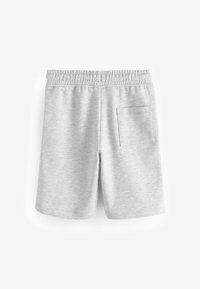 Lichtgrijze shorts van zachte stof, met een elastische tailleband en een enkele achterzak. Gladde textuur met minimale details.