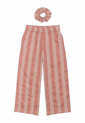 Gestreifte weite Hose in Pink und Beige mit elastischem Bund, begleitet von einem passenden Stoff-Haargummi. Aus weichem Baumwollmaterial.