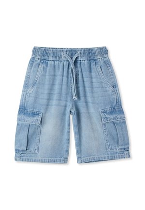 Jasnoniebieskie szorty typu cargo z denimu, z elastycznym pasem i sznurkiem do regulacji, dwoma kieszeniami bocznymi oraz dwoma kieszeniami cargo na nogawkach.