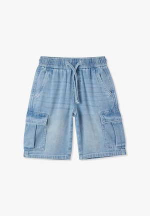Jasnoniebieskie szorty typu cargo z denimu, z elastycznym pasem i sznurkiem do regulacji, dwoma kieszeniami bocznymi oraz dwoma kieszeniami cargo na nogawkach.