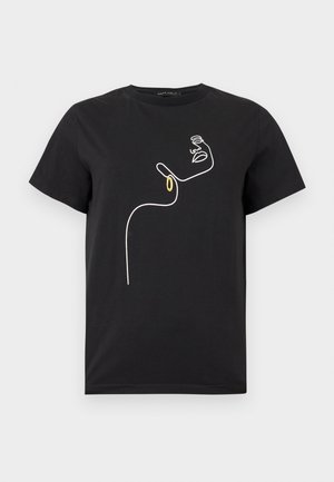 T-shirt noir à manches courtes avec un dessin minimaliste en ligne blanche représentant un visage portant une boucle d'oreille en anneau doré sur le devant.