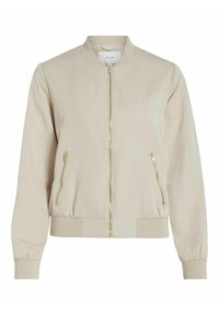 Beige bomberjakke lavet af glat stof, med en frontlynlås, to sidelommer med guld hardware, samt ribbede manchetter og kant.