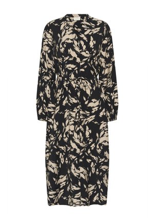 Robe noire longue avec un motif de feuilles abstraites beige, col en V, manches longues et taille cintrée avec une ceinture assortie pour un ajustement réglable.