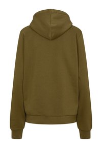 Olivengroene hoodie met trekkoordkap, lange mouwen en geribbelde boorden en zoom. Gladde textuur, eenvoudig ontwerp zonder zichtbare patronen.