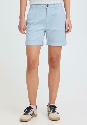 Personne portant un short bleu clair à ourlet retroussé et des baskets beiges avec des rayures noires, debout devant un fond blanc uni.