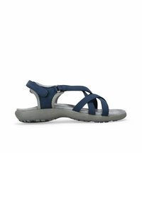 Sandal blu con cinturini in pelle, soletta grigio chiaro morbida, cinturino alla caviglia regolabile e suola in gomma grigia testurizzata per una migliore aderenza.