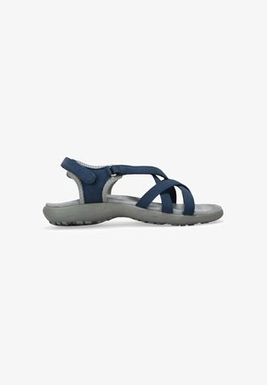 Blue sandal featuring leather straps, a soft grey insole, adjustable ankle strap, and a textured grey rubber outsole for grip.