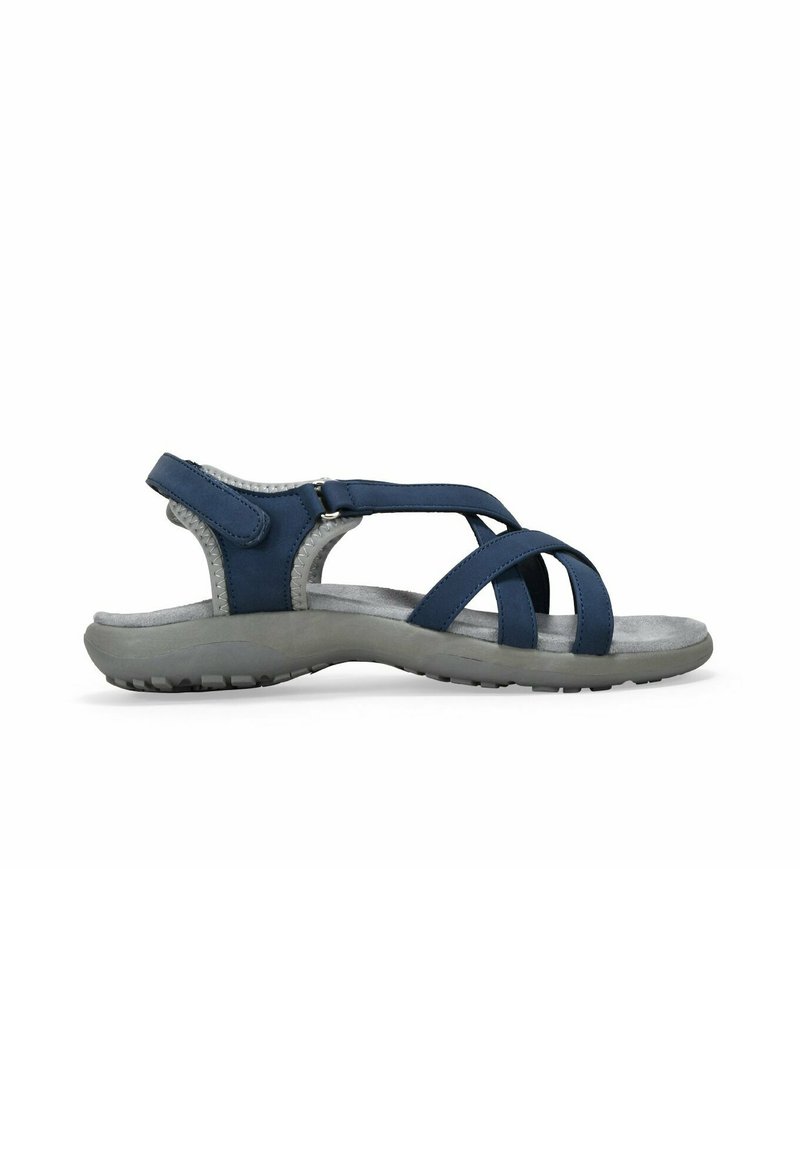Sandal blu con cinturini in pelle, soletta grigio chiaro morbida, cinturino alla caviglia regolabile e suola in gomma grigia testurizzata per una migliore aderenza.