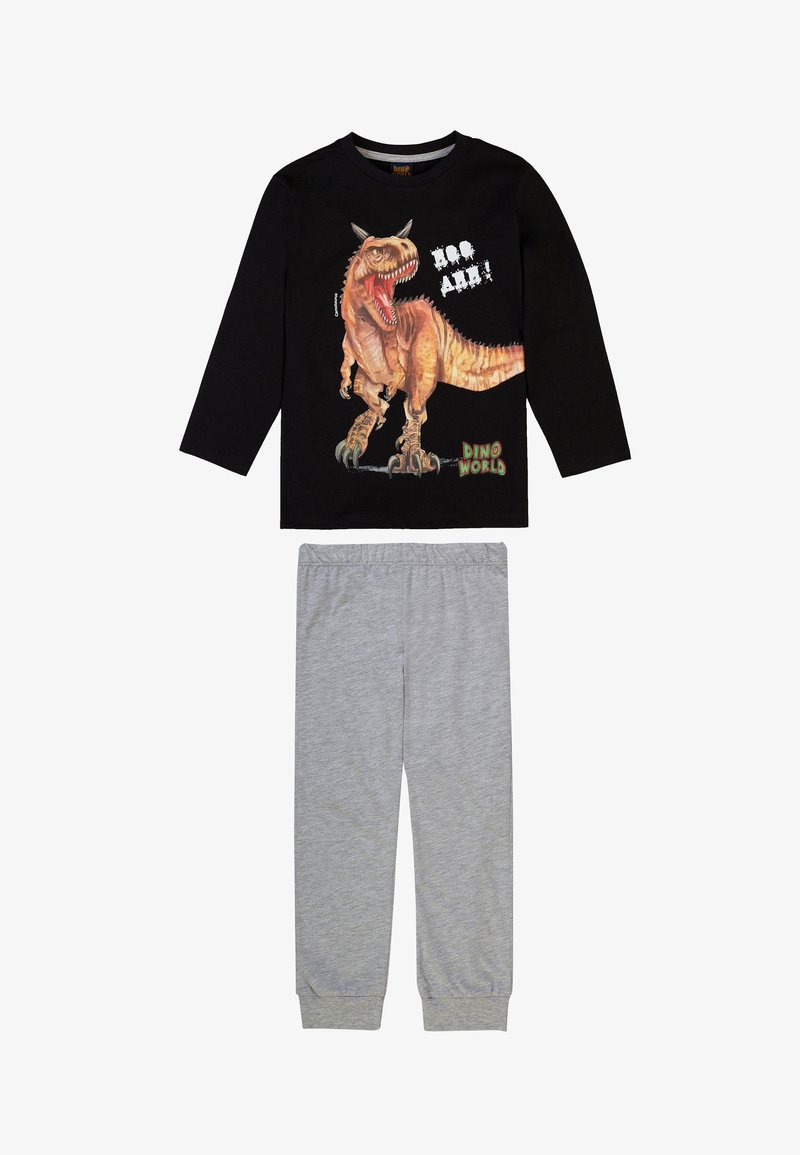 Black long-sleeve shirt featuring a dinosaur graphic and text, paired with gray elastic-waist pants in a soft fabric.