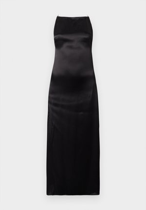 Black satin evening dress with a fitted silhouette, high neckline, and floor-length design. The smooth texture enhances its elegance.