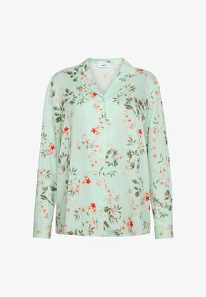 Blouse à manches longues vert clair avec un motif floral de fleurs rouges et roses, un col en V et une fermeture à boutons à l'avant. Texture lisse.