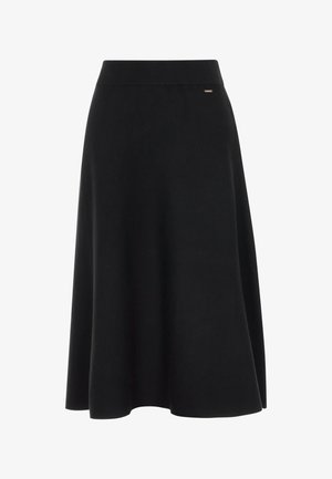 Black A-line skirt made of soft fabric, featuring a ribbed waistband and a small metallic logo accent at the waist.