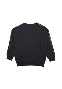 Sudadera negra con acentos de lentejuelas en los hombros, puños y dobladillo acanalados, material de algodón suave y un clásico cuello redondo.