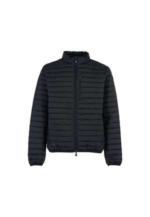 Schwarze Daunenjacke mit Reißverschluss vorne, Stehkragen und elastischen Bündchen. Verfügt über ein horizontal gestepptes Muster und eine Reißverschlusstasche auf der Brust.