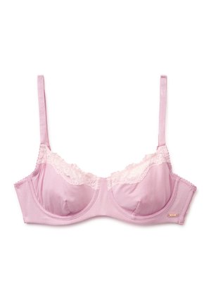 Reggiseno con ferretto rosa chiaro con rifinitura in pizzo lungo i bordi superiori e spalline regolabili su sfondo bianco.