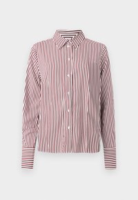 Chemise à manches longues boutonnée avec col pointu, présentant des rayures verticales bordeaux et blanches et des rayures horizontales aux poignets.