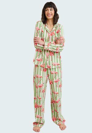 Flamingo print pajama set featuring a green and white striped pattern, long sleeves, and loose-fitting pants. The fabric appears soft and lightweight.