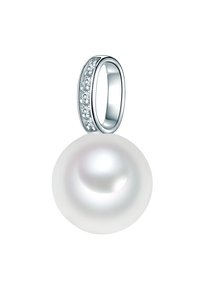 Pendente con perla che presenta una grande perla bianca liscia, con un anello in argento lucido, arricchito da piccoli cristalli trasparenti lungo un lato.