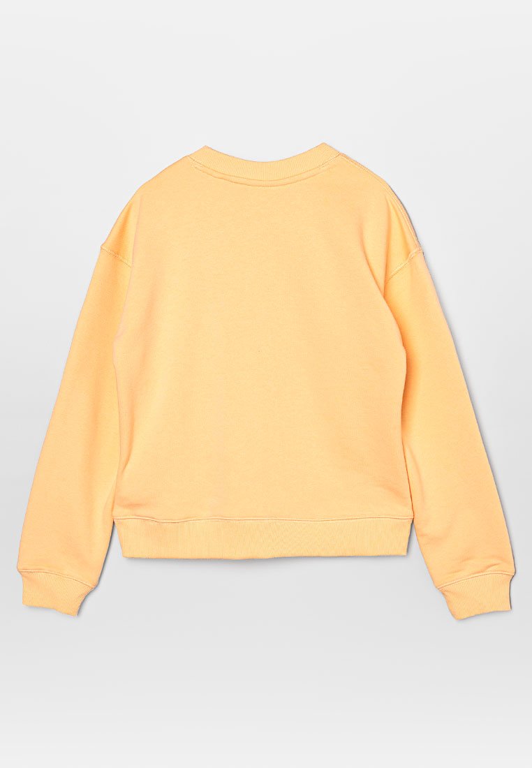 Sudadera amarilla con cuello redondo, mangas largas y puños y dobladillo acanalados. Presenta una textura suave y un diseño casual.