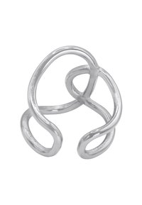 Anello in argento con un design astratto e attorcigliato, caratterizzato da linee morbide e arrotondate e una superficie lucida, che crea un aspetto fluido.