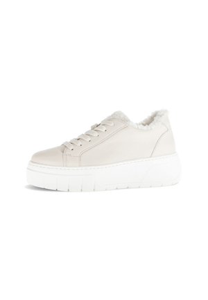 White leather sneaker with a plush lining, rounded toe, flat platform sole, and six lace eyelets. Textured rubber sole for traction.