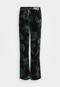 Pantaloni din catifea cu model floral în negru, având nuanțe de verde și albastru. Design cu picioare drepte, cu o textură netedă și accesorii discrete.