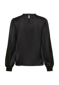 Bluză din satin negru cu mâneci lungi și voluminoase, având un decolteu în formă de cheie la spate și mansete cu nasturi. Textură fină și croială ajustată.