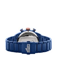 Orologio in acciaio inossidabile blu con finitura lucida, caratterizzato da una cassa rotonda, due pulsanti e una chiusura deployante con logo.