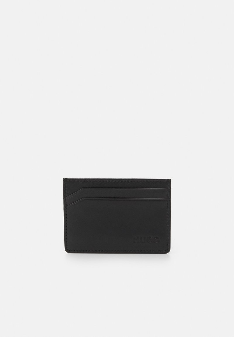 Black leather cardholder with multiple card slots, sleek design, smooth texture, and embossed logo on the bottom right. Rectangular shape.