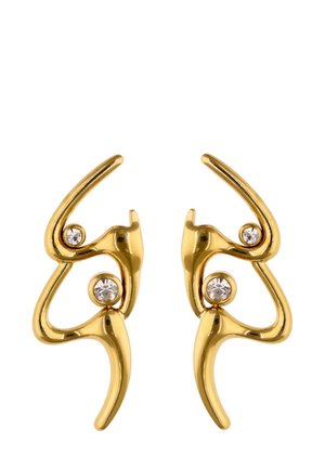 Aranyszínű fülbevalók forgó, absztrakt mintázattal. Két tiszta kristállyal díszítve a hajlatokban. Sima, fényes felület.