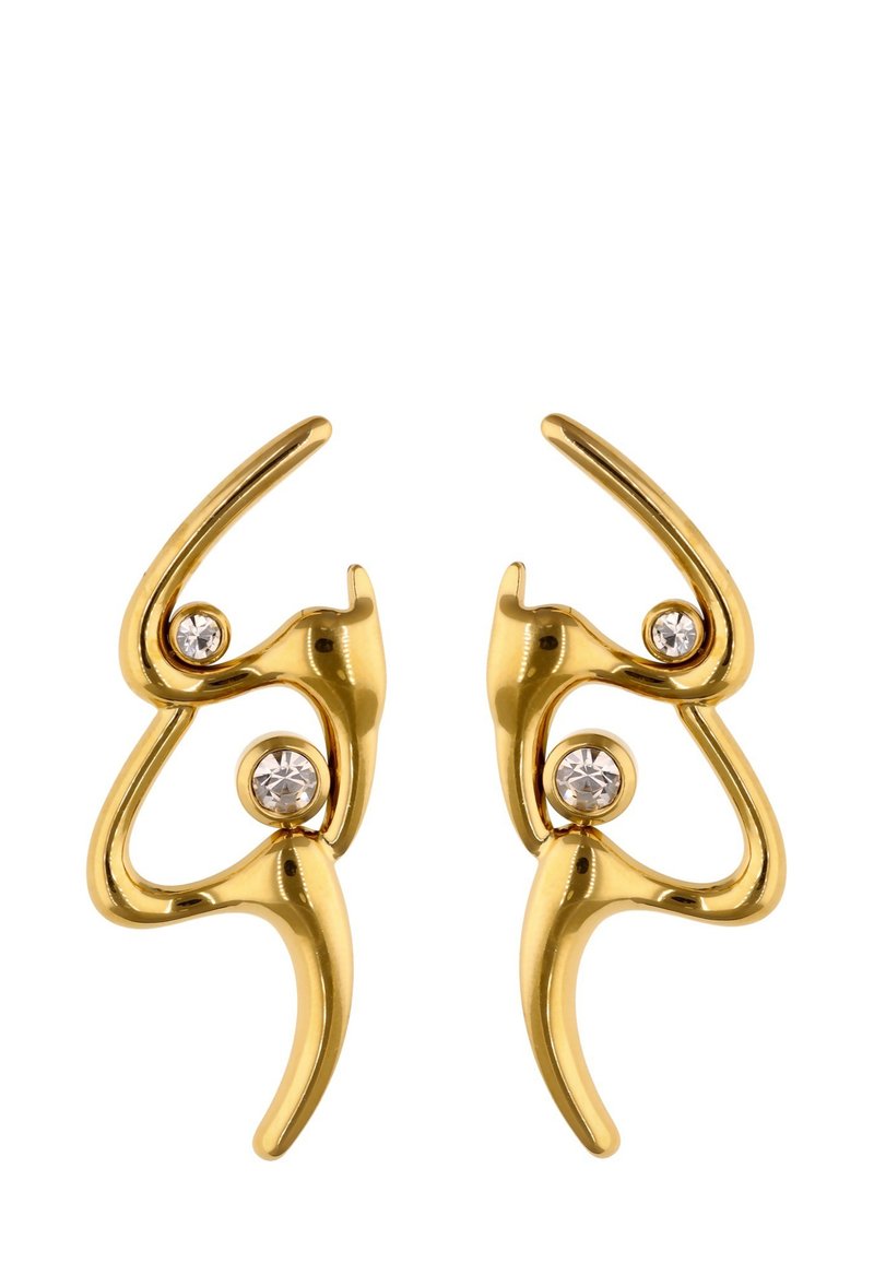Zlaté náušnice s vířivým, abstraktním designem. Obsahují dva čiré krystaly zasazené do křivek. Hladký, lesklý povrch.