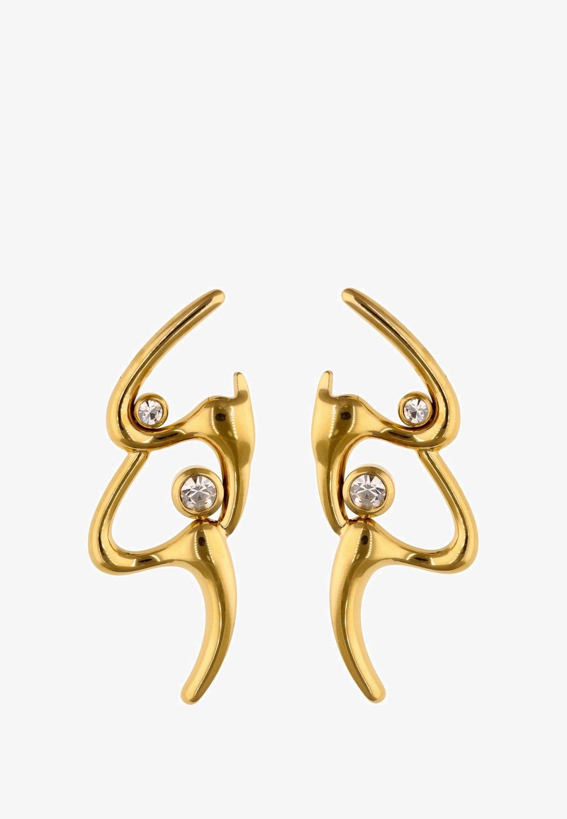 Cercei aurii cu un design abstract, spiral. Prezintă două cristale clare montate în curbele lor. Finisaj neted și strălucitor.