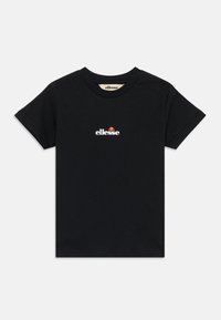 Svart bomulls-T-skjorte med korte ermer, med en hvit og oransje "ellesse"-logo på fronten. Rund hals med en myk tekstur.