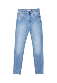 Ljusblå jeans med en slim fit-design, tillverkade av denim, med en medelhög midja, fem fickor och subtila slitningar.