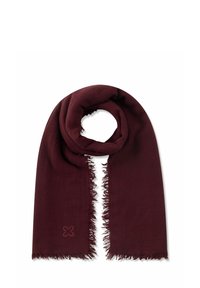 Sciarpa bordeaux realizzata in tessuto morbido, con bordi sfrangiati e un piccolo dettaglio di fiore ricamato. Forma rettangolare con una texture liscia.