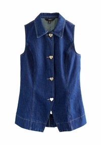 Jeans prsluk u tamnoplavoj boji s klasičnom ovratnikom, s dugmadi u obliku srca, bez rukava i vidljivim detaljima šivanja.