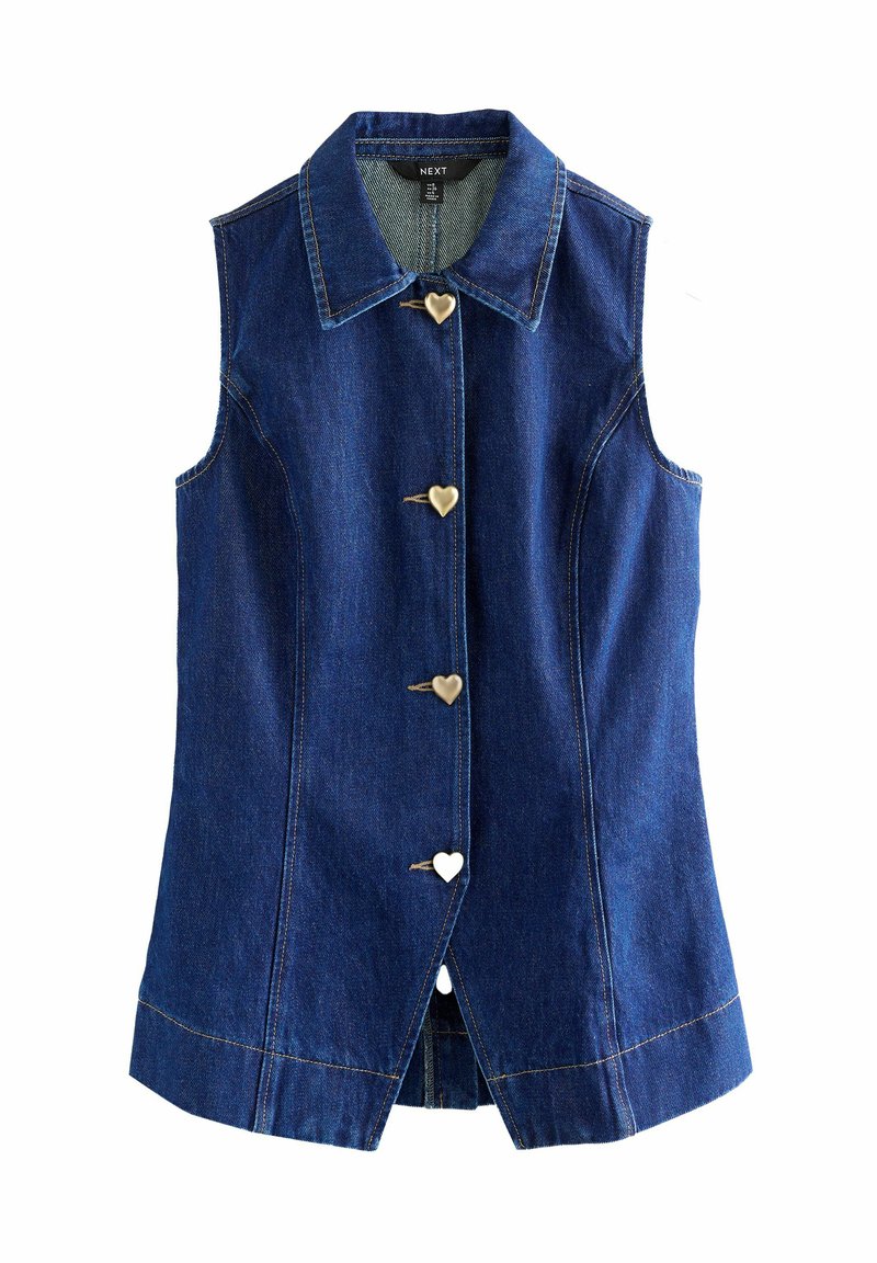 Jeans prsluk u tamnoplavoj boji s klasičnom ovratnikom, s dugmadi u obliku srca, bez rukava i vidljivim detaljima šivanja.