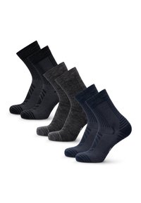 Conjunto de cuatro pares de calcetines en colores oscuros: negro, gris oscuro y azul marino. Presenta una textura acanalada y acentos con patrones en las piernas.