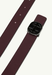 Burgundy synthetic belt with a smooth texture, featuring a black square buckle with an interlocking design and multiple adjustment holes.