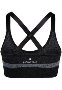 Črn športni modrček s prečnimi naramnicami, izdelan iz teksturirane tkanine. Ima sivo vodoravno črto in logotip "GORILLA WEAR" na pasu.