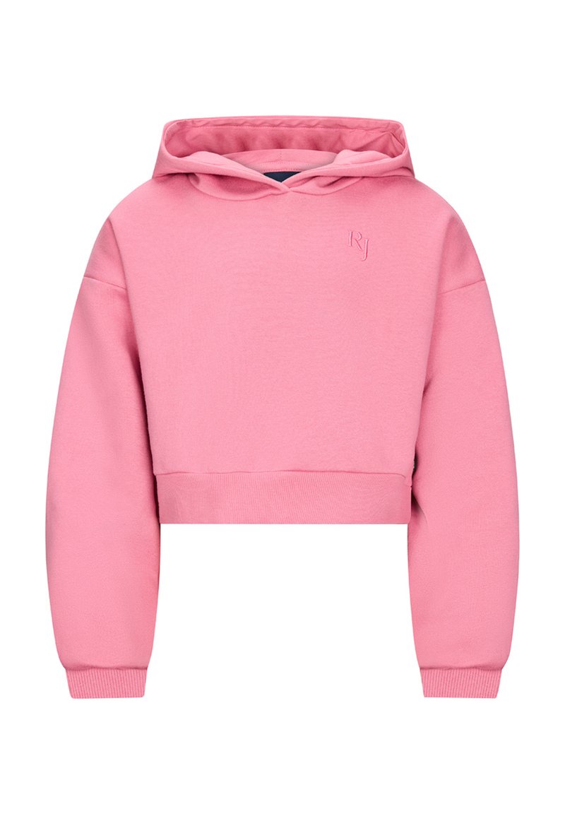 Felpa cropped rosa con maniche lunghe, polsini e orlo a coste, e il sottile logo ricamato "RJ" sul petto.