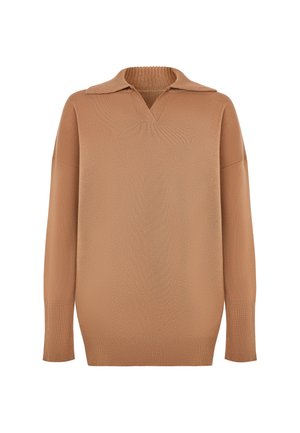 Bruine pullover trui met een ribgebreide kraag, V-hals, verlaagde schouders en lange mouwen. Gemaakt van een gladde, gestructureerde gebreide stof.