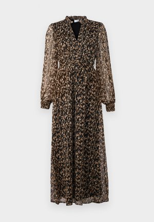 Μακρύ, διάφανο φόρεμα σε μαύρο και μπεζ με λουλουδάτο μοτίβο, που διαθέτει βαθύ v-λαιμό, μακριά μανίκια, ελαστικούς καρπούς και κορδόνι στη μέση.