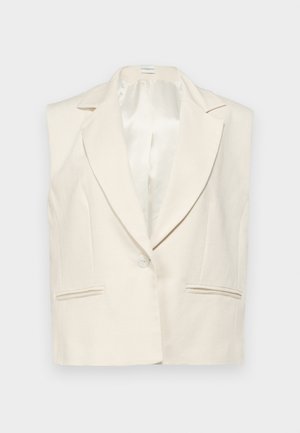 Bespalvis lino švarkas su notch tipo apykakle, vieno mygtuko uždarymu ir dviem priekinėmis kišenėmis. Viduje lygus satino pamušalas.