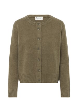 Bruine gebreide cardigan met ronde hals, lange mouwen, geribde manchetten en zoom, en een rij van zeven knopen aan de voorkant.