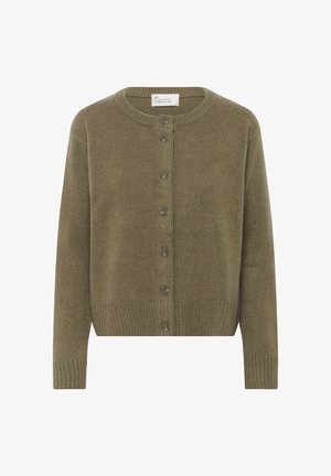 Barna kötött kardigán kerek nyakkal, hosszú ujjal, bordázott mandzsettával és szegéllyel, valamint elöl hét gombbal.