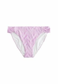 Chiloți de bikini cu dungi violet și albe, cu o bandă inferioară volanată, având un căptușel interior neted și un design clasic.