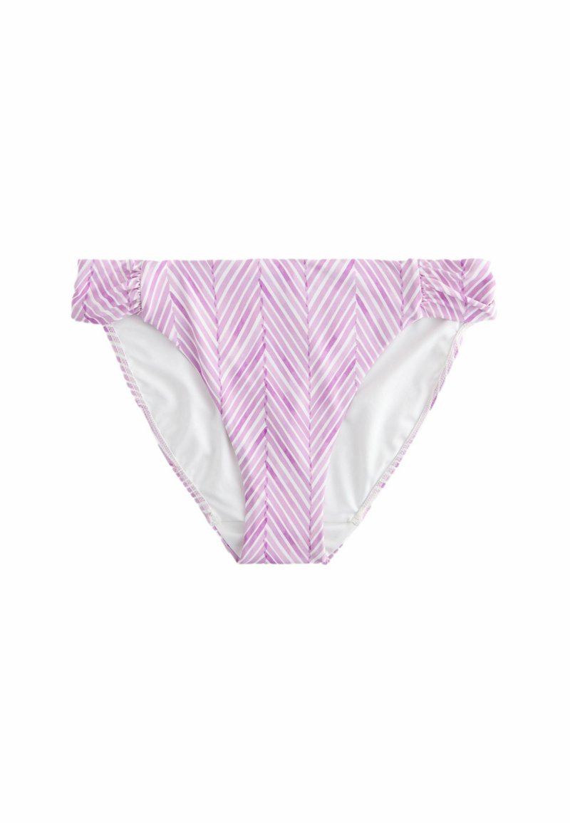 Chiloți de bikini cu dungi violet și albe, cu o bandă inferioară volanată, având un căptușel interior neted și un design clasic.