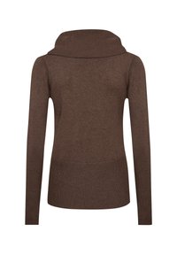 Brun långärmad tröja med bred ribbad polokrage och ribbad nederkant, sedd bakifrån mot en vit bakgrund.