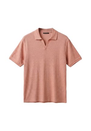 Kurzärmeliges, gerippt gestricktes Poloshirt in staubigem Rosa mit weichem Kragen und offenem V-Ausschnitt.